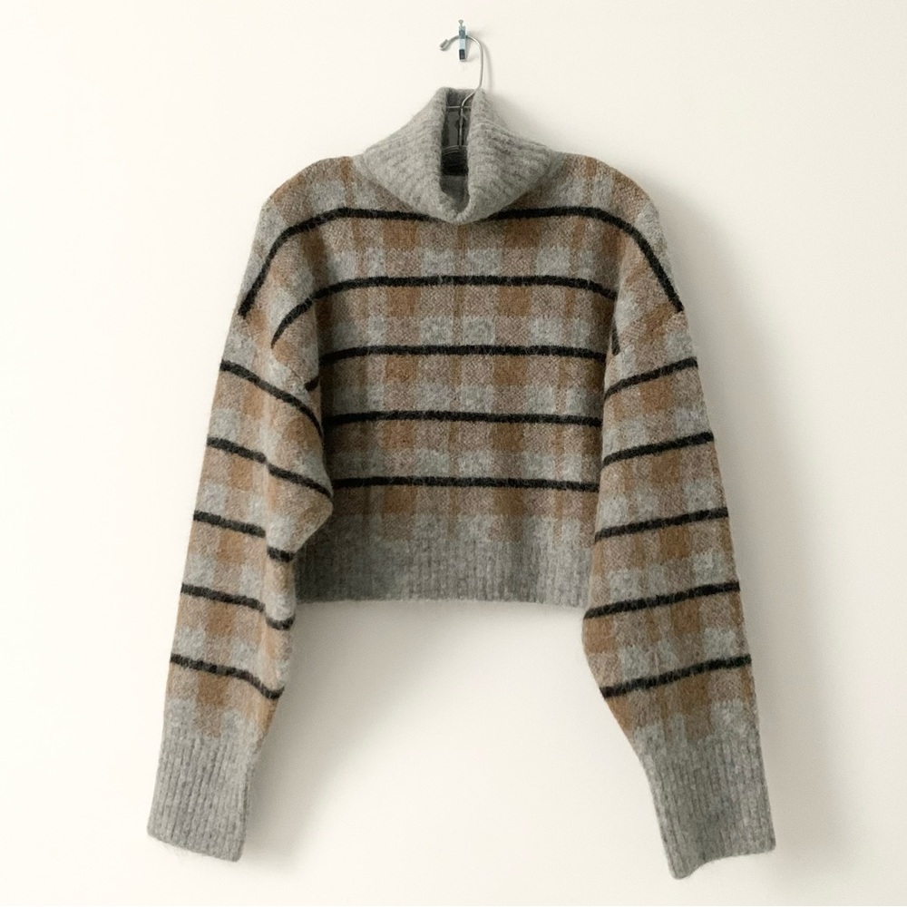 NEW Zara Alpaca Wool Blend Checkered Plaid Turtleneck Crop Sweater M - NWT